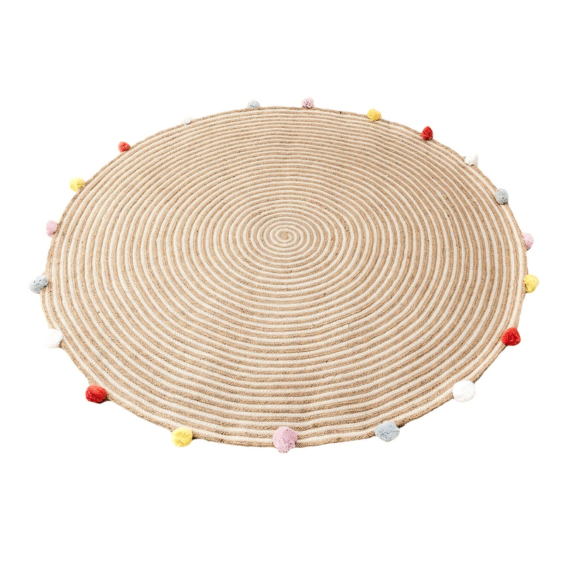 Round Woven Jute Cotton Multicolour Pompom Rug 120 cm Price
