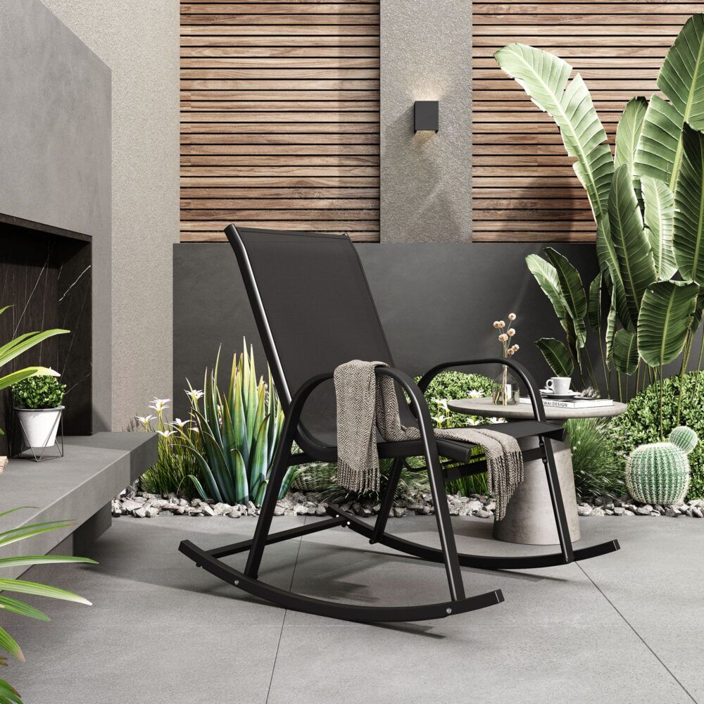 Rocking Chair High Back Rocker Chairs Steel Metal Textilene Fabric-Black Price