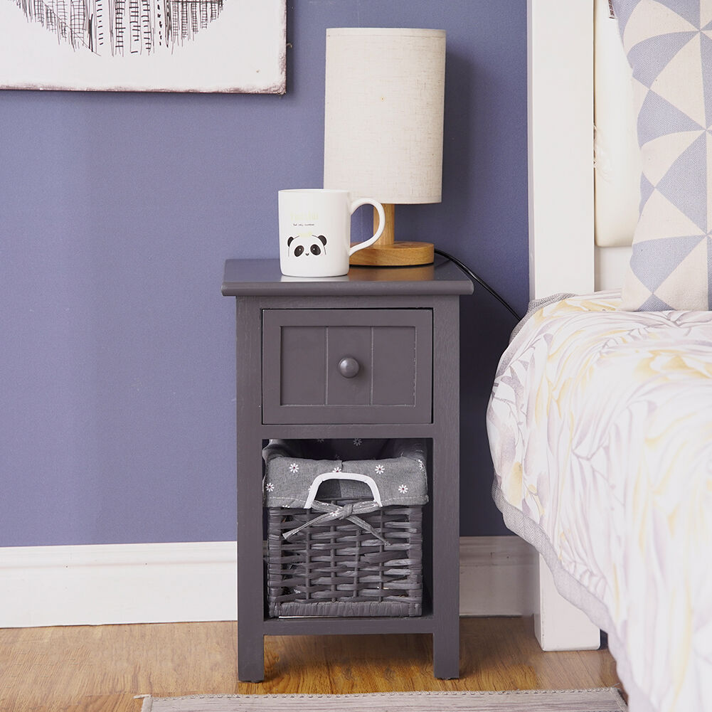 Grey Bedside Table with Wicker Basket Price