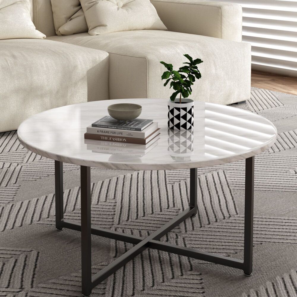 White Marble Effect Round Coffee Table with Black Legs Price