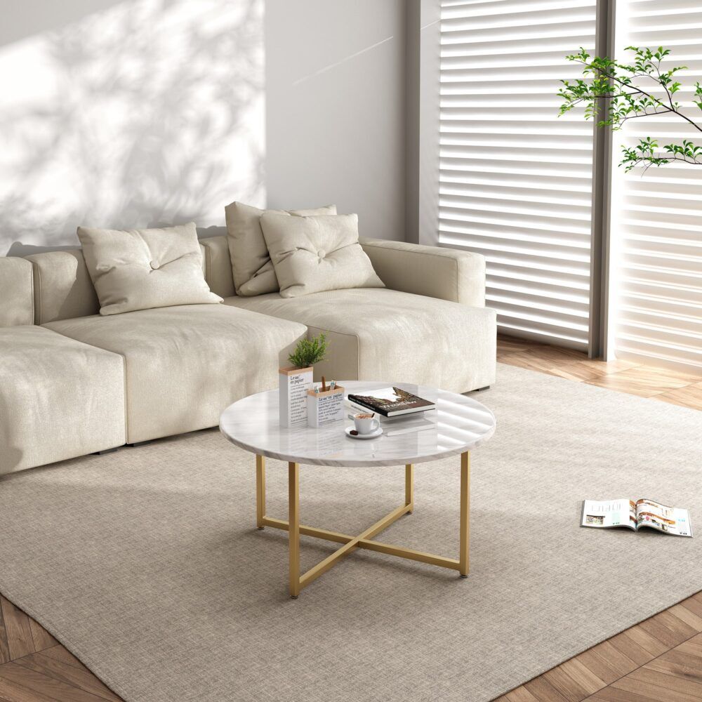 White Marble Effect Round Coffee Table with Gold Legs Price