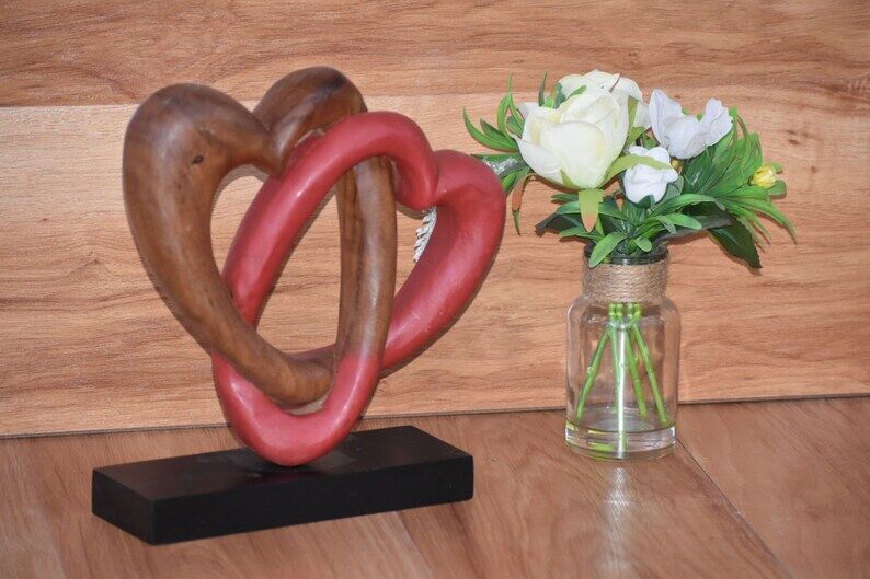 Heart Love Wood Carving Wood Sculpture Acacia Wooden Statue Heart in red 22cm Price