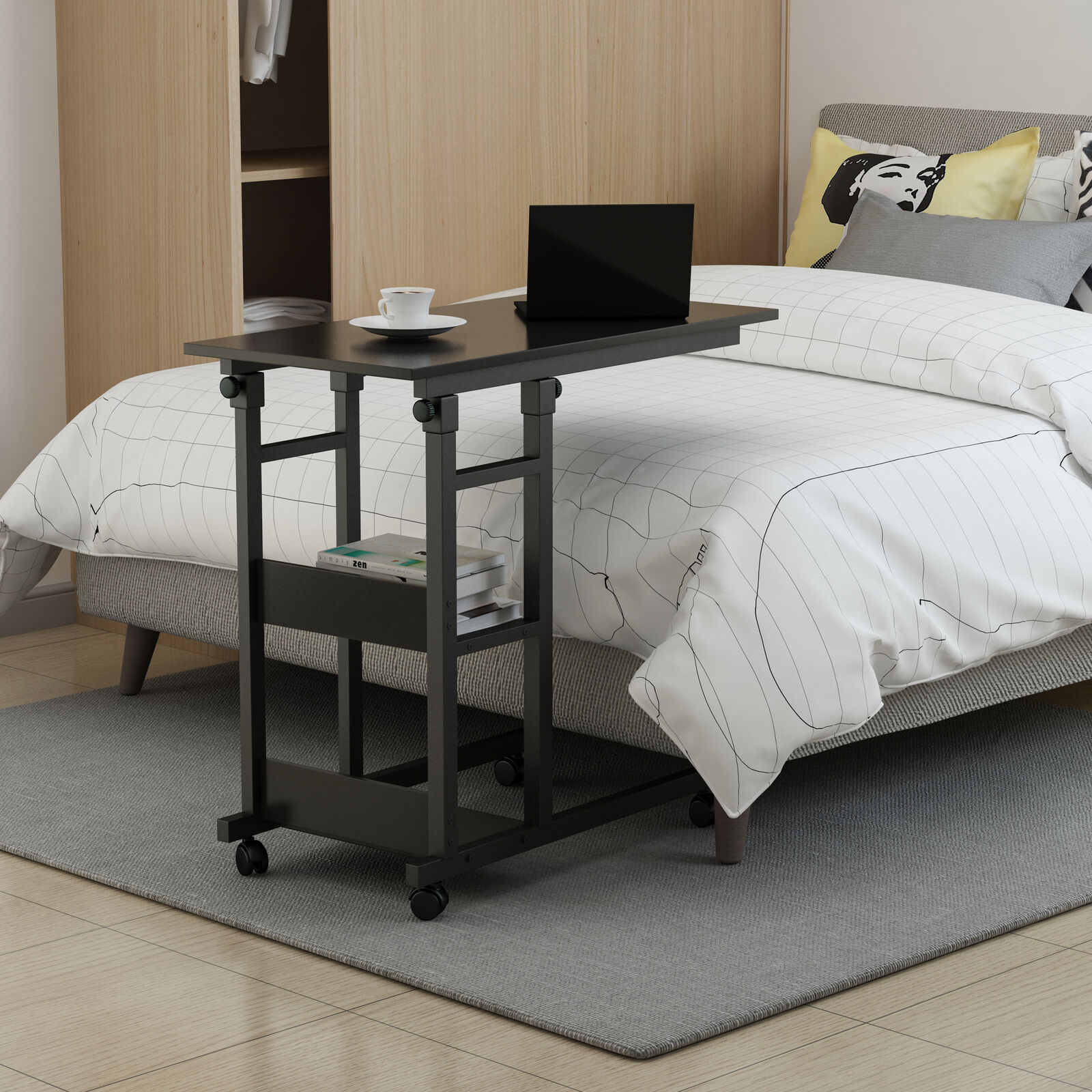 Side Table with Storage Shelves, Height Adjustable Sofa Couch Coffee End Table Bedside Table Laptop Desk with Wheels Price