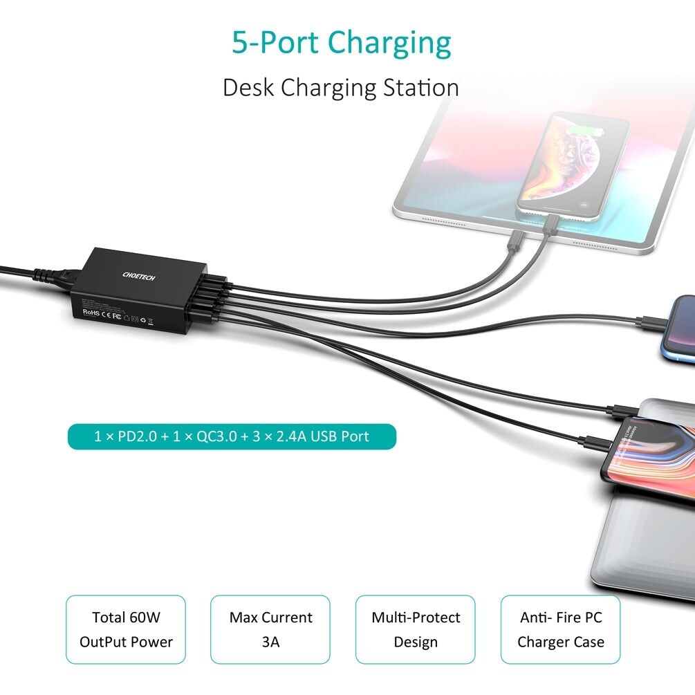 CHOETECH Q34U2Q 5-Port 60W PD Charger with 30W Power Delivery and 18W Quick Charge 3.0 Price
