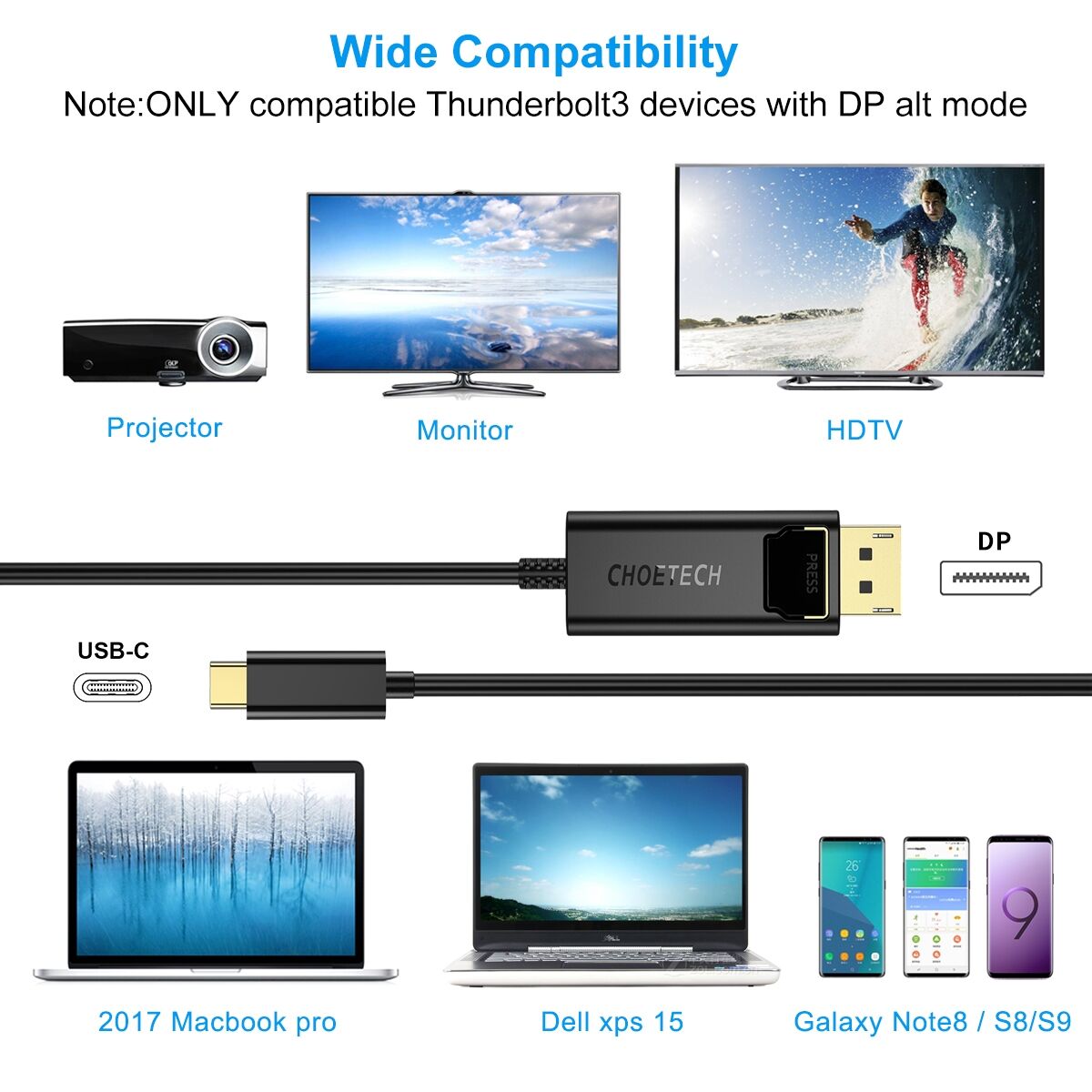 Choetech XCP-1801BK USB-C to DisplayPort Cable 1.8m Price