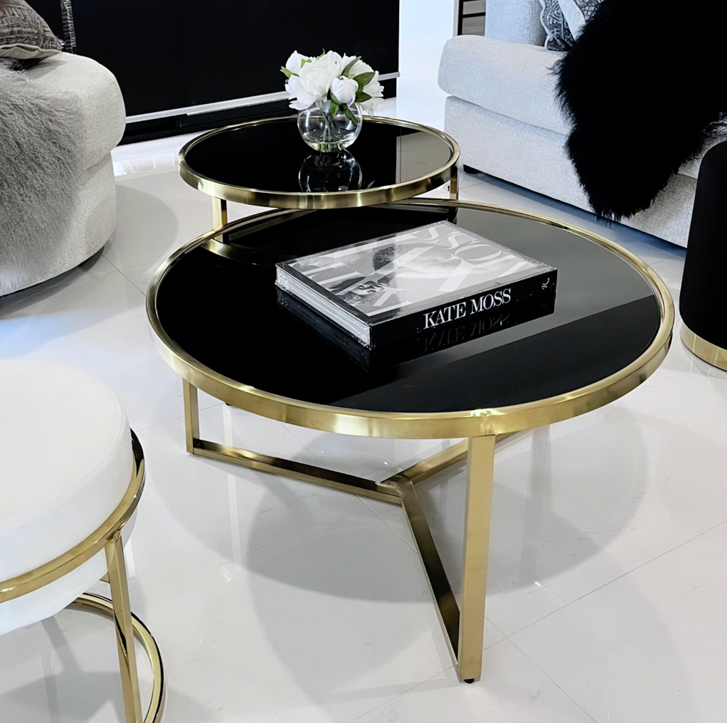 Designer Giselle Black Glass & Brushed Gold Coffee Table Set Price