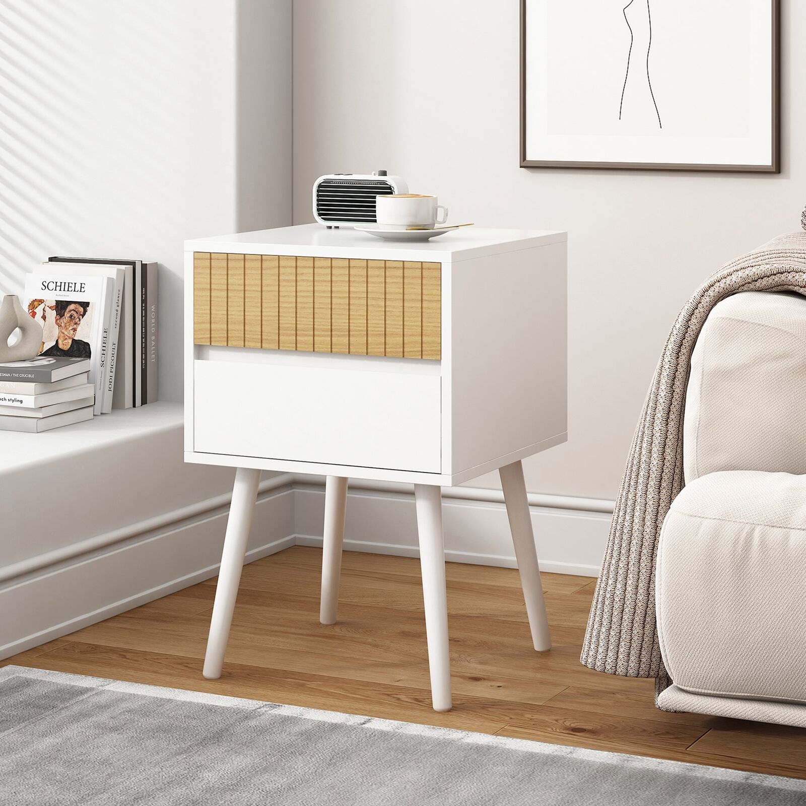 Bedside Table with 2 Drawer in White & Natural Price