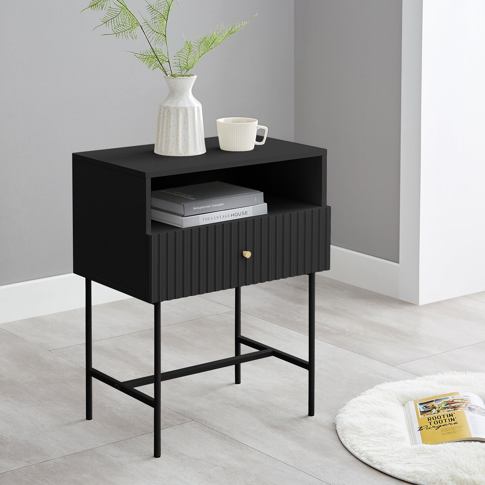 Slender Fluted Bedside Table in Black Price
