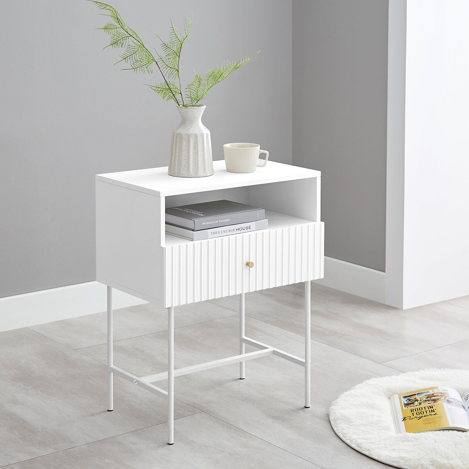 Slender Fluted Bedside Table in White Price