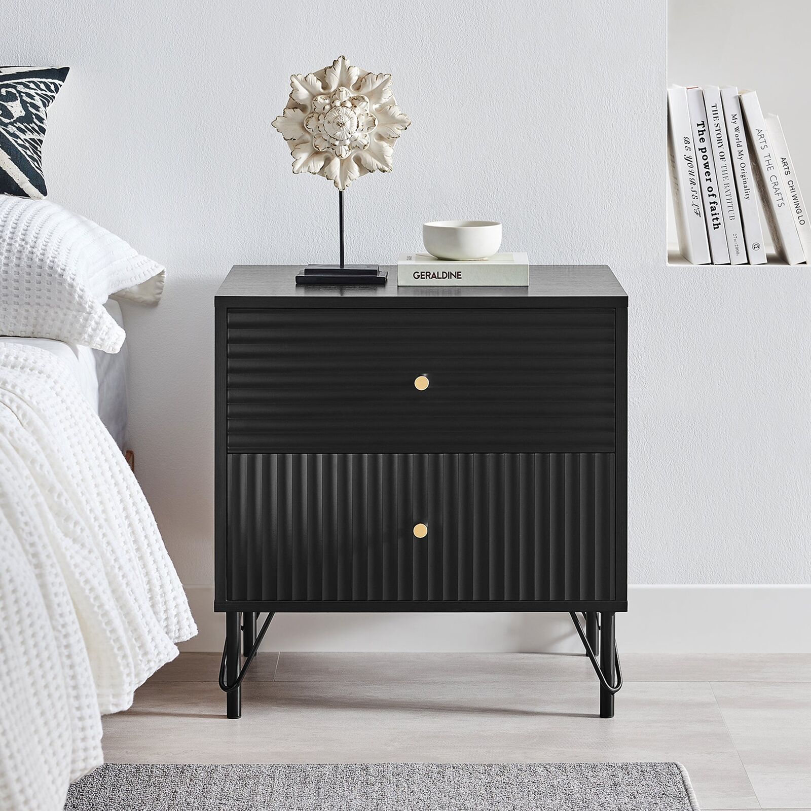 Lisa Wavy Fluted Bedside Table in Black Price