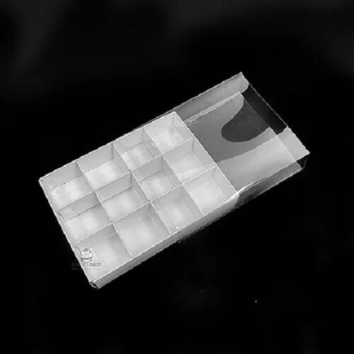 100 Pack of White Card Chocolate Sweet Soap Product Reatail Gift Box - 12 bay 4x4x3cm Compartments - Clear Slide On Lid - 16x12x3cm Price