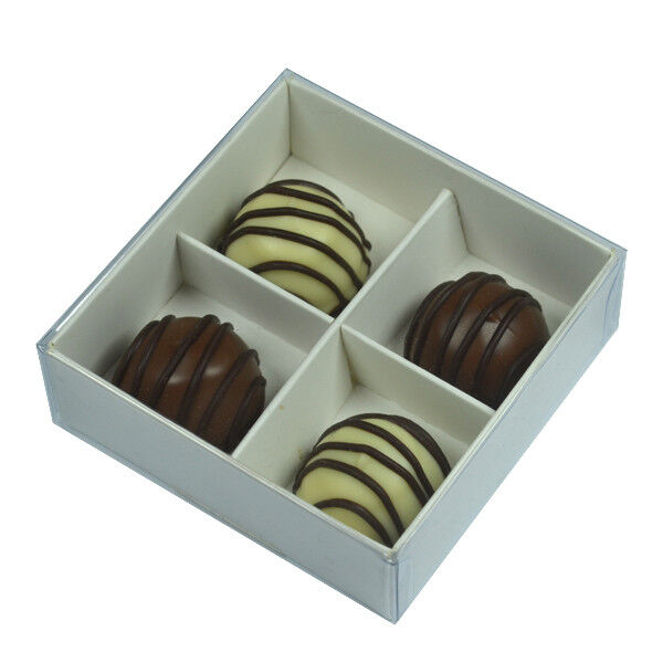 50 Pack of White Card Chocolate Sweet Soap Product Reatail Gift Box - 4 Bay Compartments - Clear Slide On Lid - 8x8x3cm Price