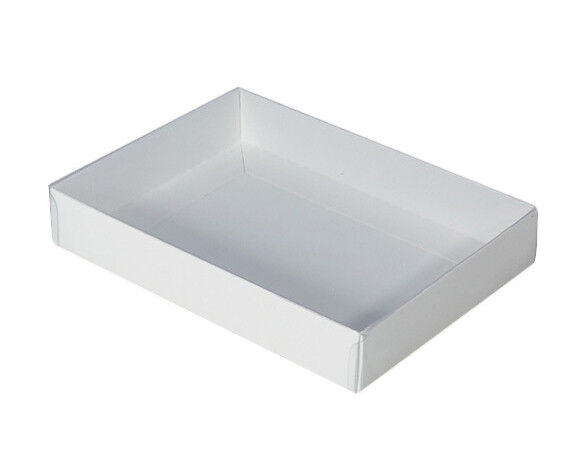 50 Pack of White Card Square Box - Clear Slide On Lid - 20 x 20 x 8cm - Large Beauty Product Gift Giving Hamper Tray Merch Fashion Cake Sweets Xmas Price