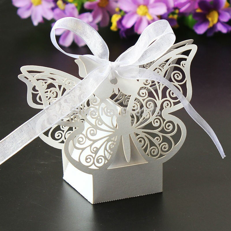 100 Piece Pack - Ivory Cream Butterfly Wedding Engagement Party Bomboniere Favour Lolly Gift Almond Card Box Price