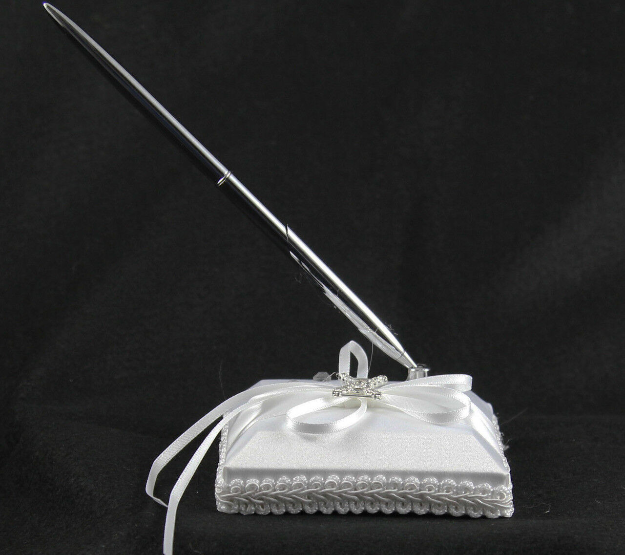 White Wedding Guest Book Register with Silver Pen Matching Stand Set 36 Lined Pages - White Ribbon and Diamante Bow Cover Price