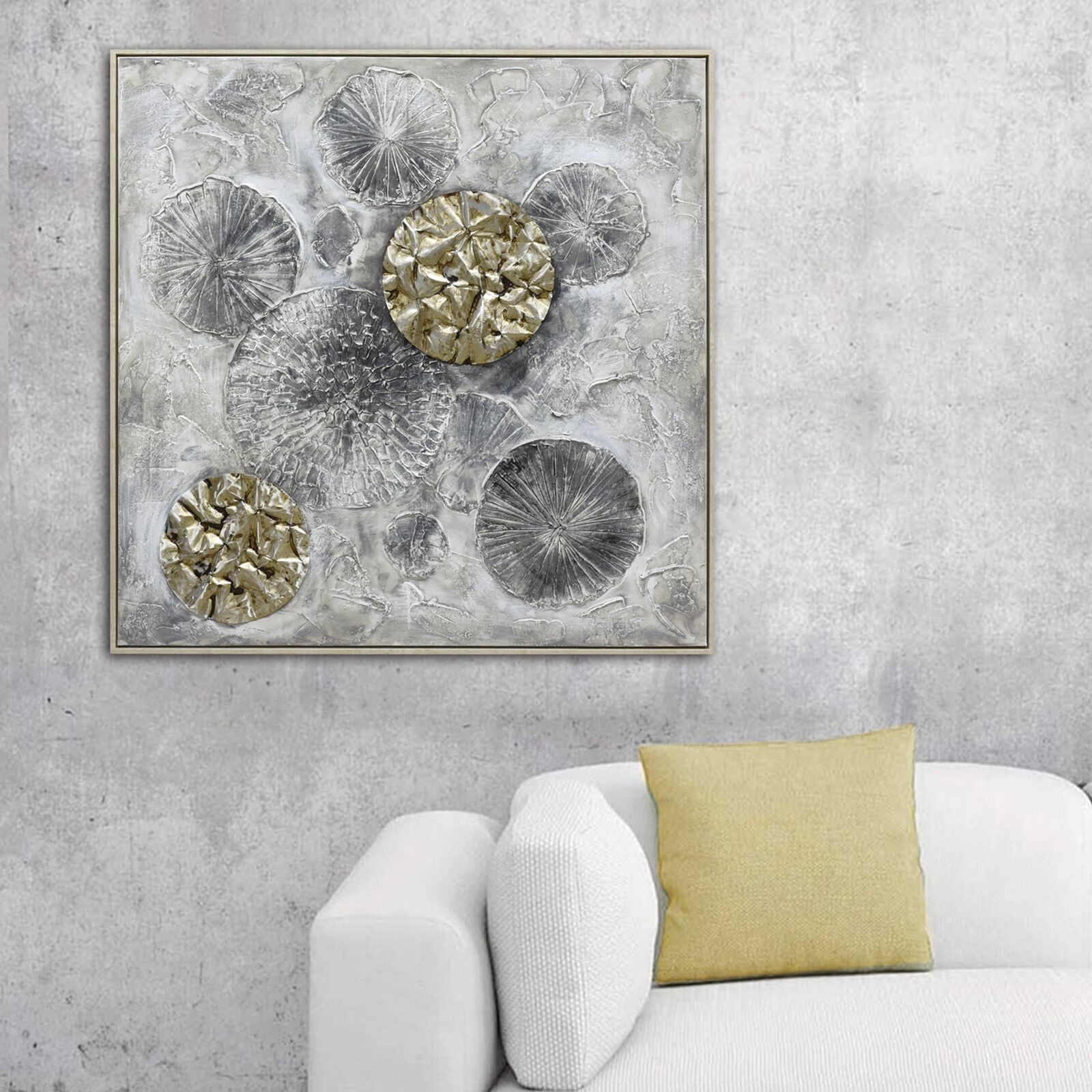 100X100cm Golden Orbs Amidst Ethereal Mists Light Wood Framed Hand Painted Canvas Wall Art Price