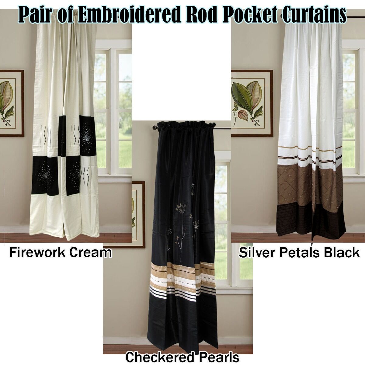 Pair of Embroidered Rod Pocket Curtains 150 x 213cm each Silver Petals Price