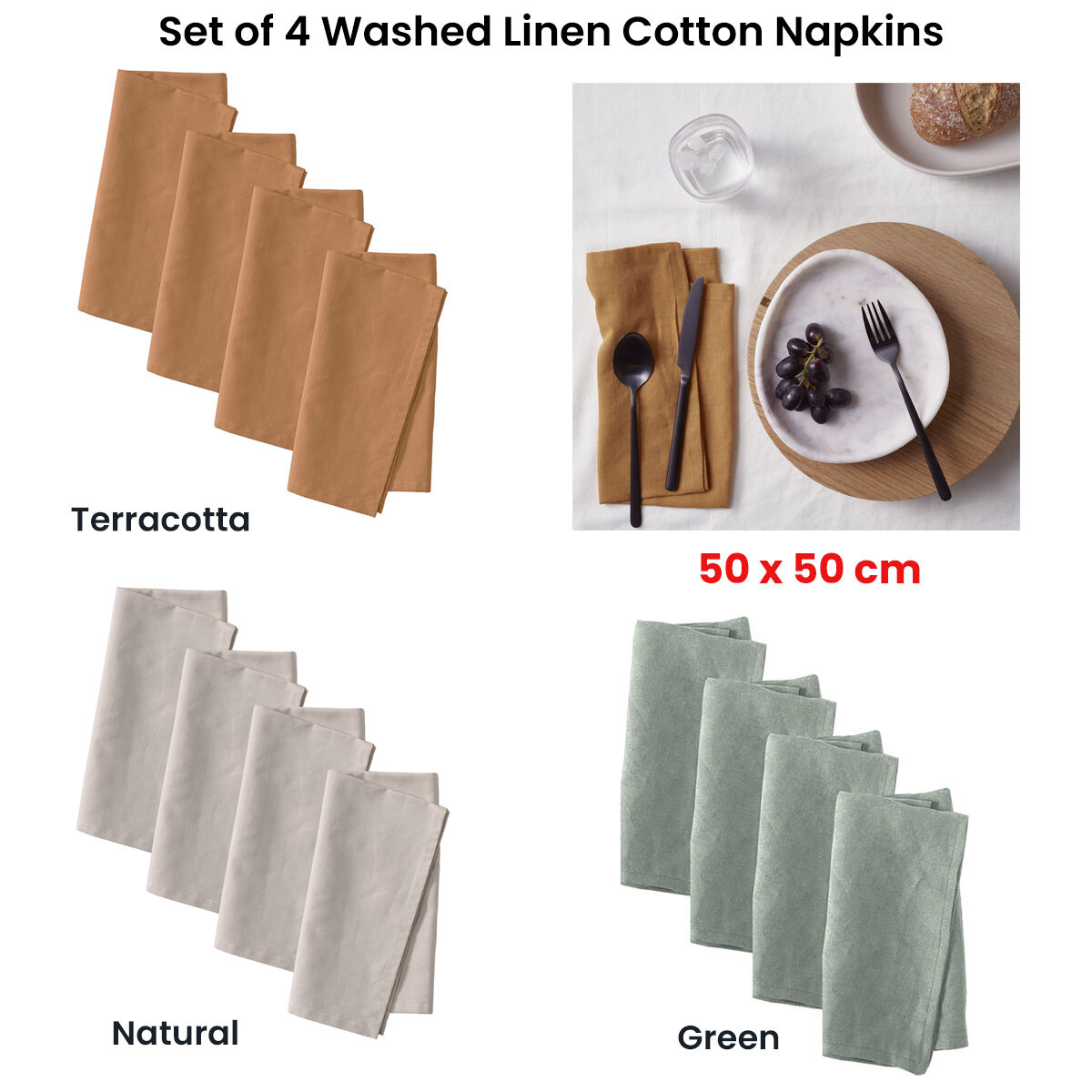 Vintage Design Homewares Set of 4 Washed Linen Cotton Square Napkins Natural 50cm x 50cm Price