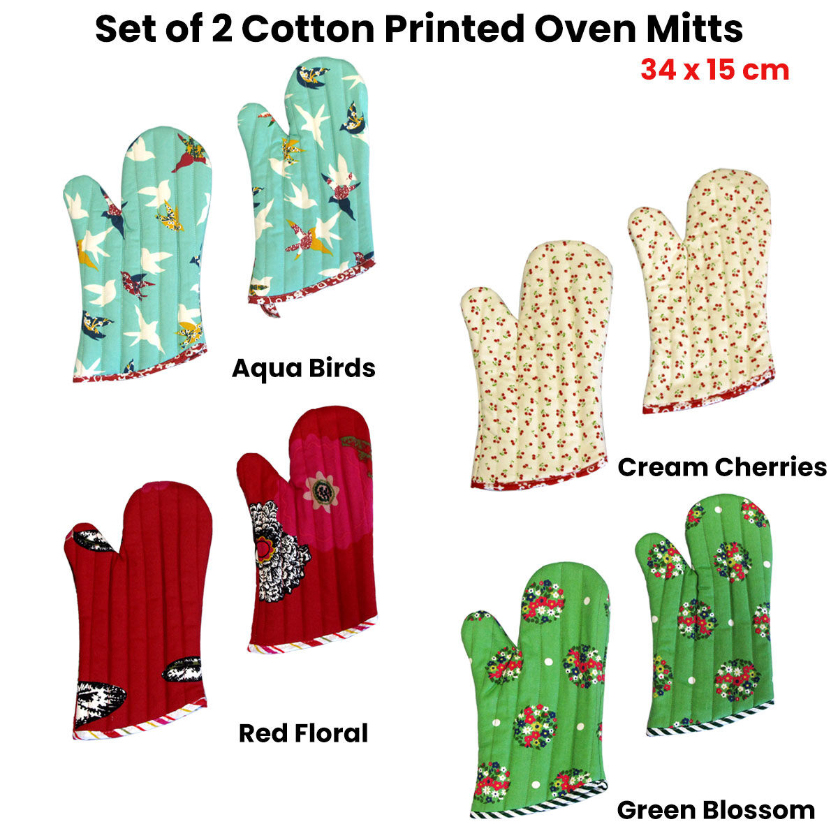 Set of 2 100% Cotton Printed Oven Mitts 34 x 15 cm Green Blossom Price