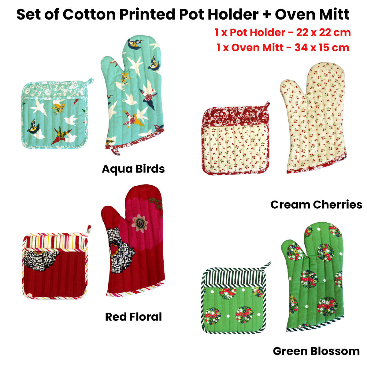 Set of 100% Cotton Printed Oven Mitt + Pot Holder Green Blossom Price