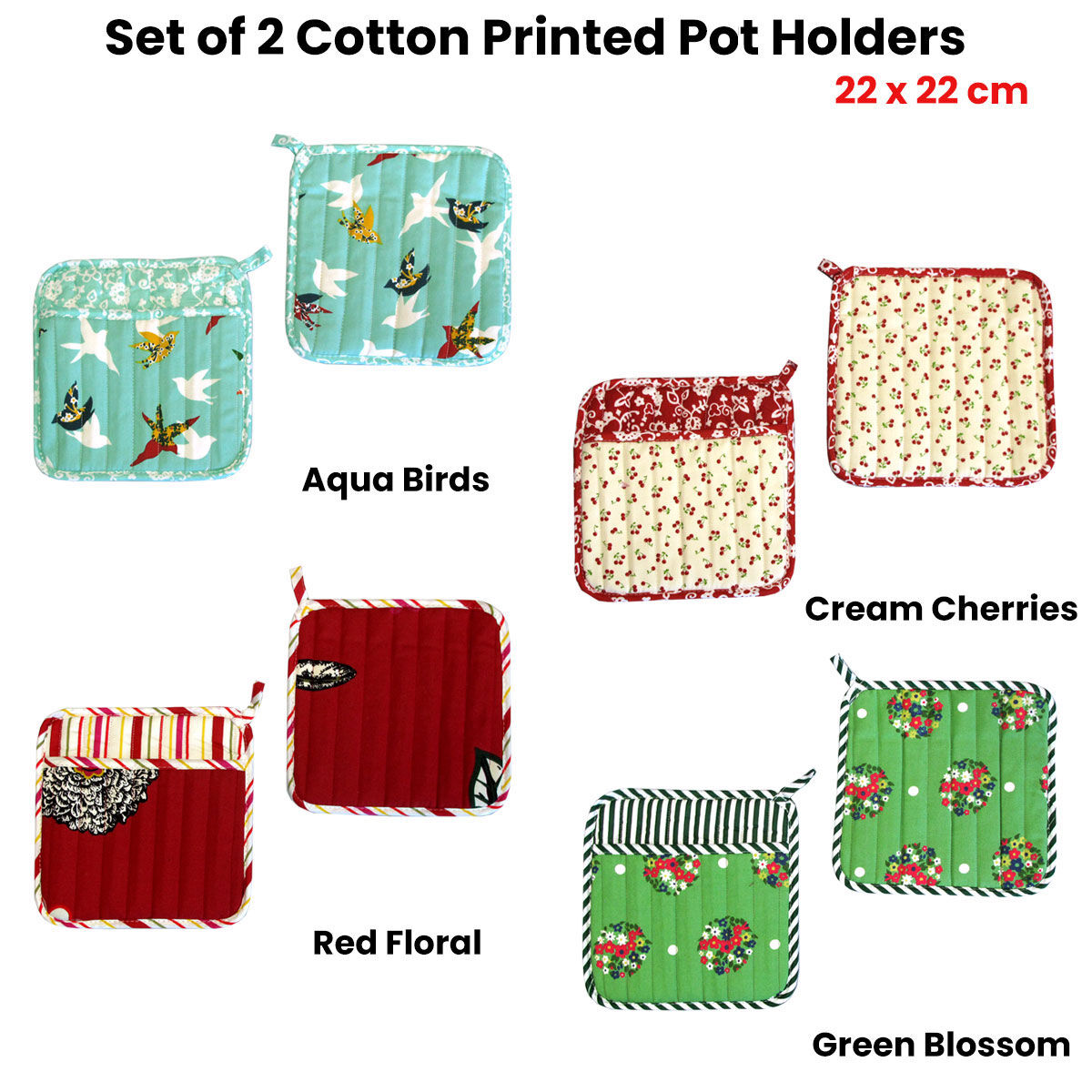 Set of 2 100% Cotton Printed Pot Holders 22 x 22 cm Red Floral Price