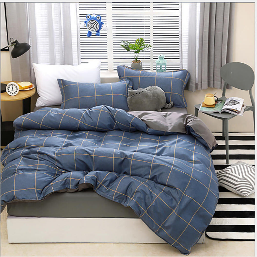 Blue Plaid Pattern Aloe Cotton Flat Sheet Quilt Cover Pillowcases 4pcs Bedding Set Duvet Doona Quilt Cover Set (King) Price