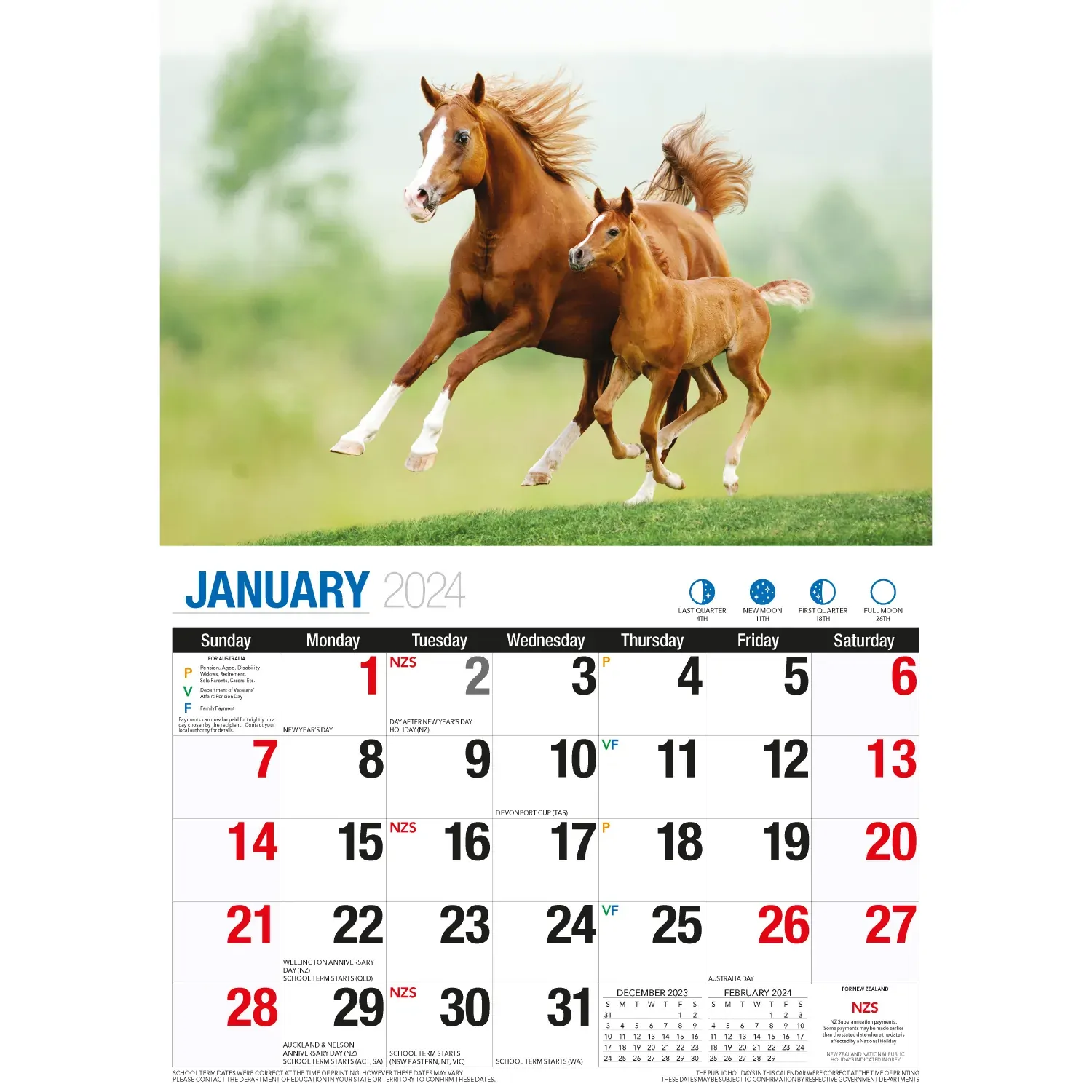 Horses - 2024 Rectangle Wall Calendar 16 Months Animal Planner New Year Gift Price