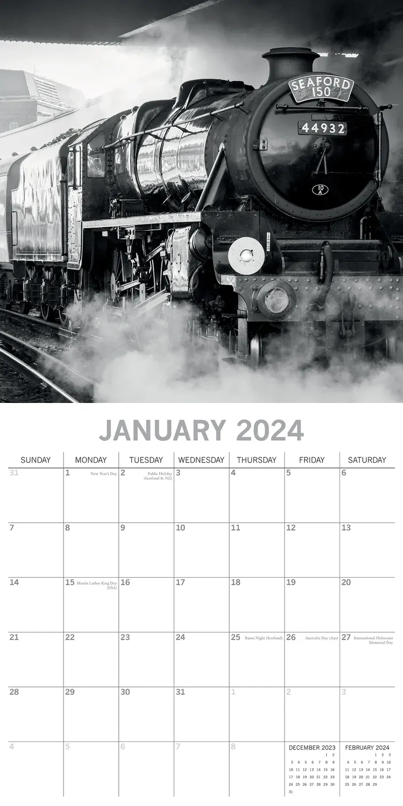Steam Trains - 2024 Square Wall Calendar 16 Month Black & White Planner New Year Price