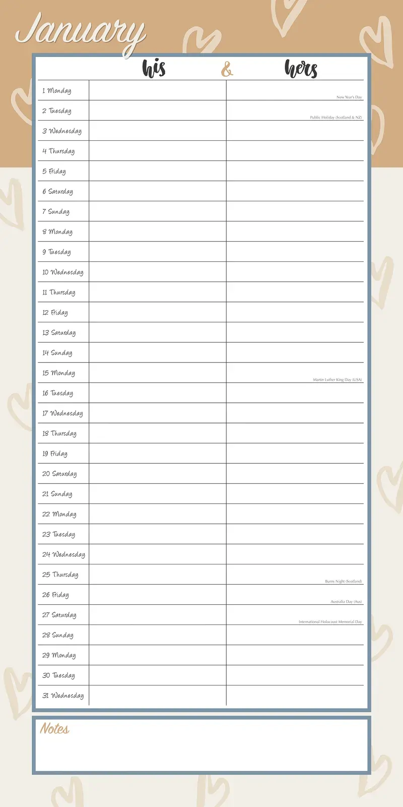 His & Hers Organiser - 2024 Square Wall Calendar 16 Months Planner New Year Gift Price