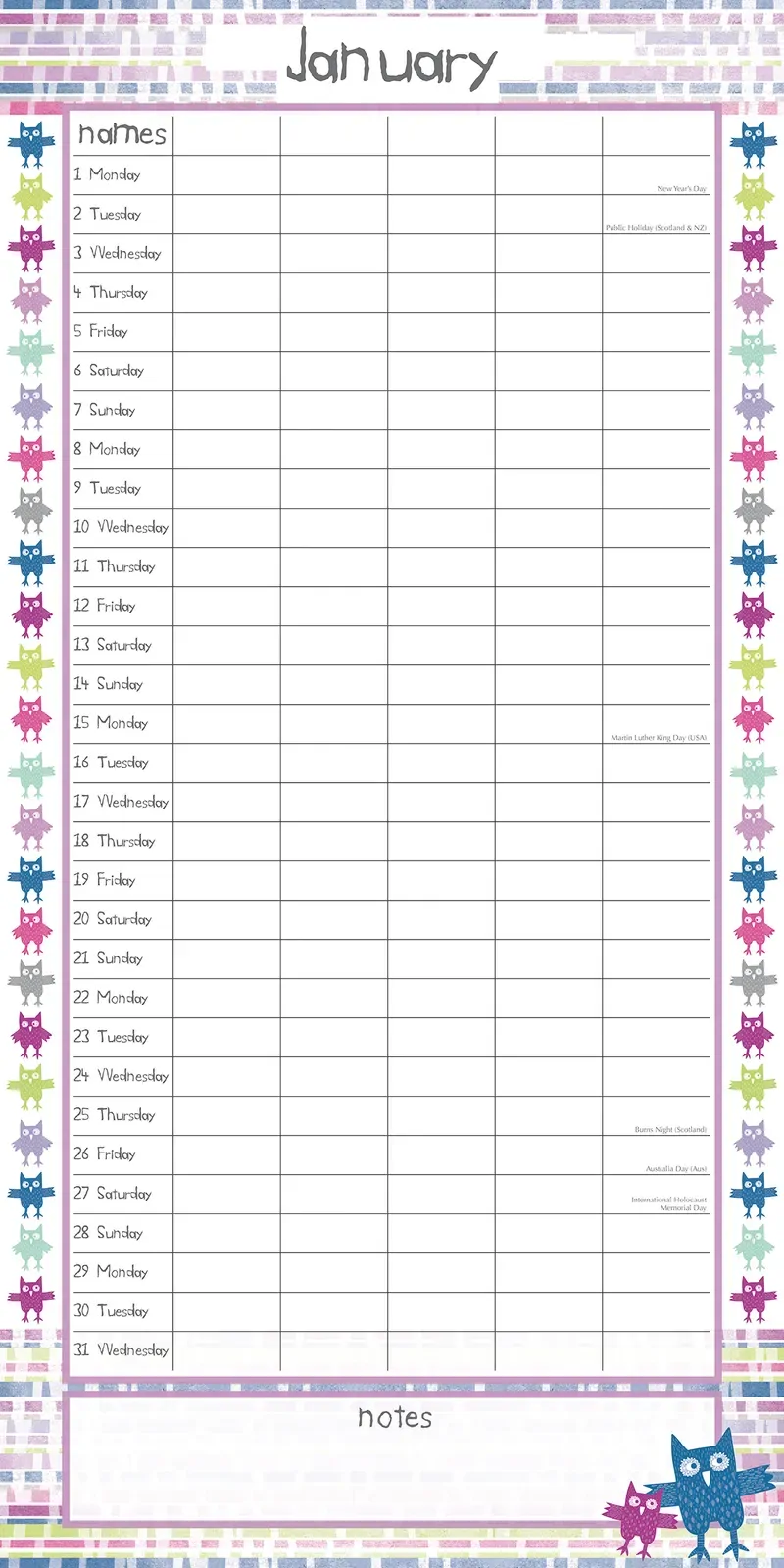 Owls Family Organiser - 2024 Square Wall Calendar 16 Month School Planner Birds Price