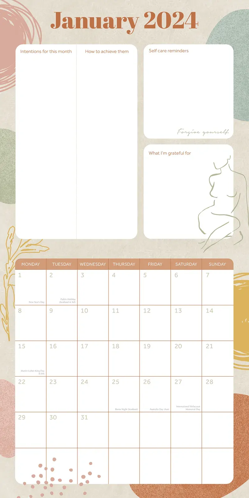 Wellness Planner - 2024 Square Wall Calendar 16 Months Health Mindset Planner Price