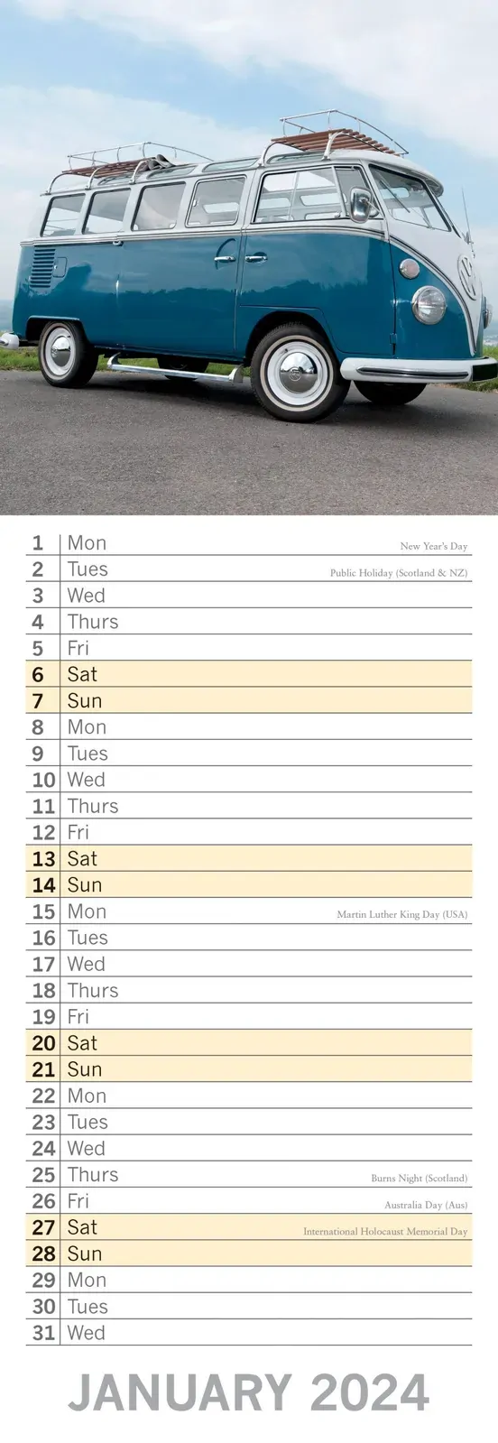 Camper Vans - 2024 Slimline Slim Wall Calendar Hanging Planner New Year Gift Price