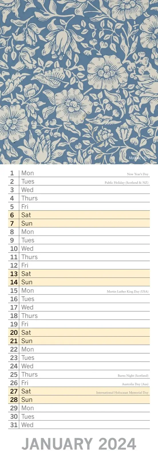William Morris Rose - 2024 Slimline Slim Wall Calendar Hanging Planner New Year Price