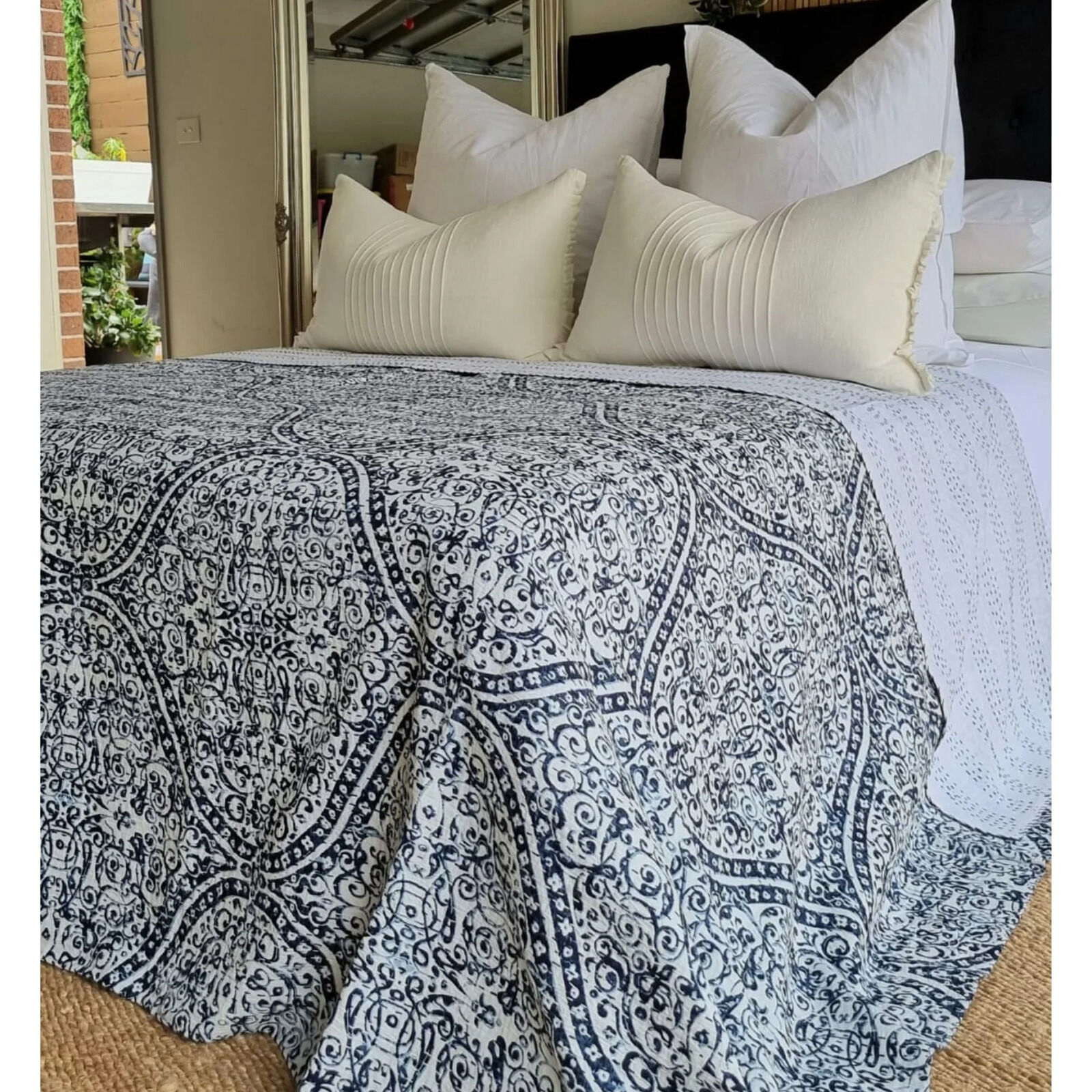 Boho Blue Kantha Bedspread Coverlet - Blue Price