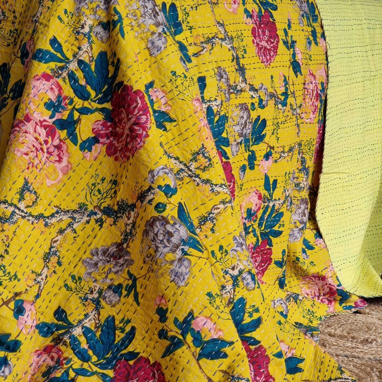 Mustard Peony Kantha Bedspread Coverlet - Mustard (King - 228 cm x 274 cm) Price