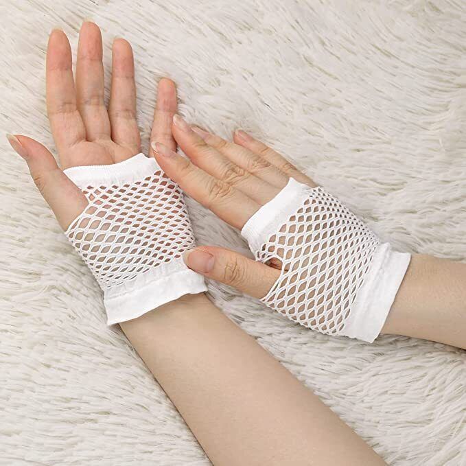 12 Pair Fishnet Gloves Fingerless Wrist Length 70s 80s Costume Party - White Price