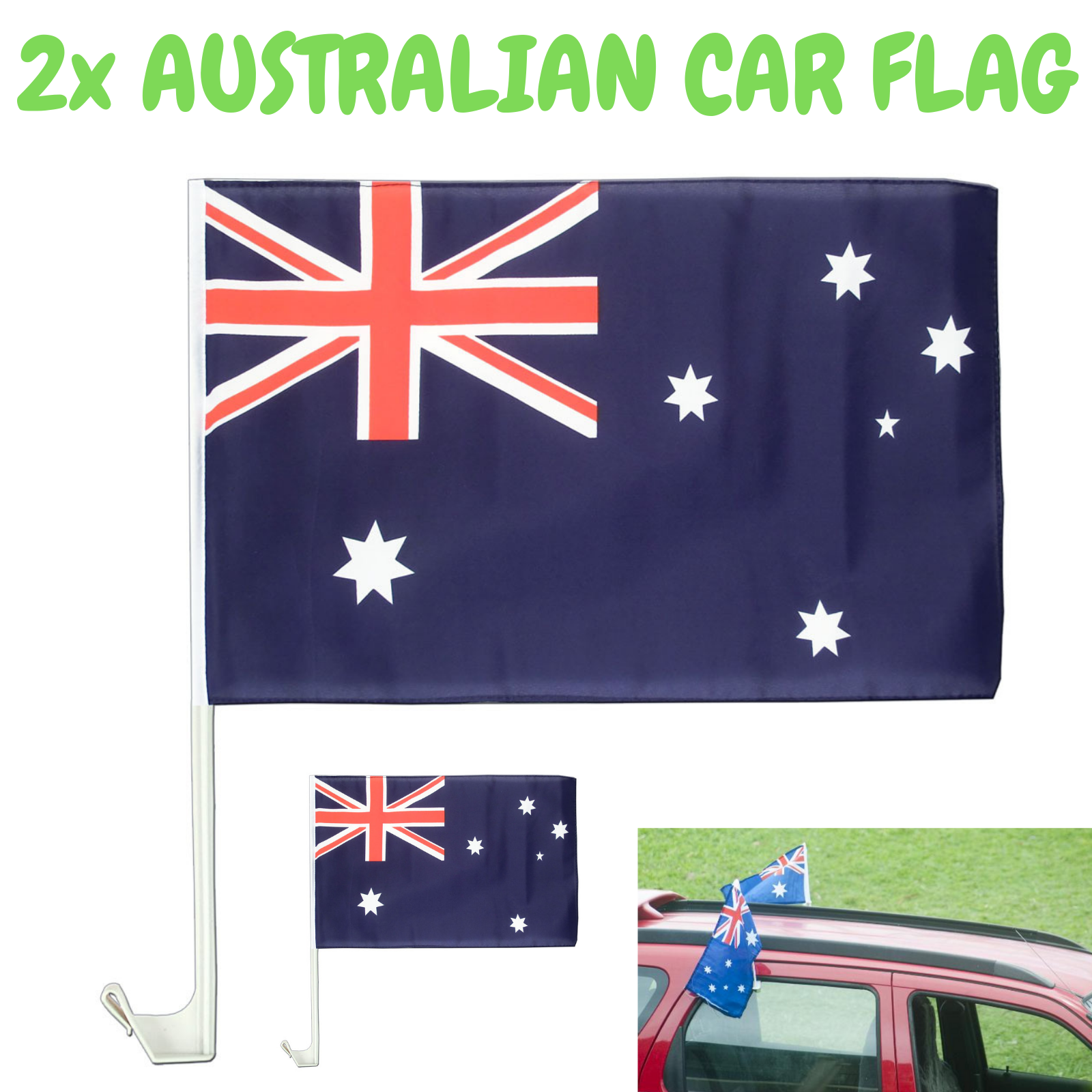 2x AUSTRALIA CAR FLAG with Window Clip Flags Australia Day 30cm x 45cm Price