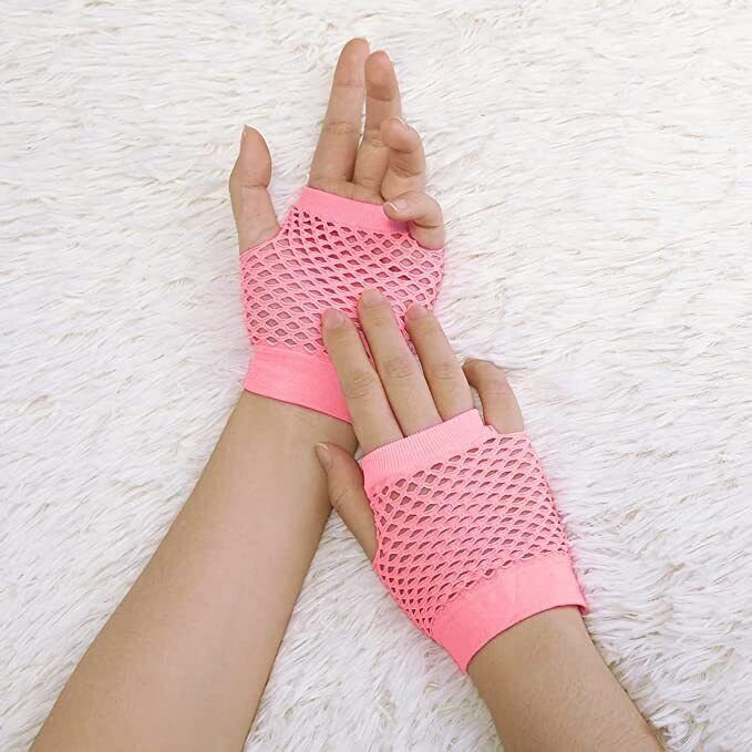 1 Pair Fishnet Gloves Fingerless Wrist Length 70s 80s Costume Party - Light Pink Price
