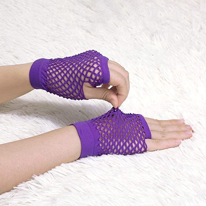 1 Pair Fishnet Gloves Fingerless Wrist Length 70s 80s Costume Party - Purple Price