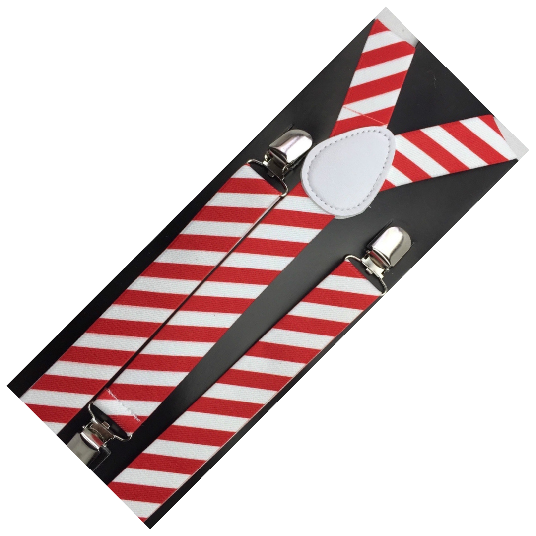 2x Mens Suspenders Braces Adjustable Strong Clip On Elastic Formal Wedding Slim - Red/White Diagonal Stripes Price