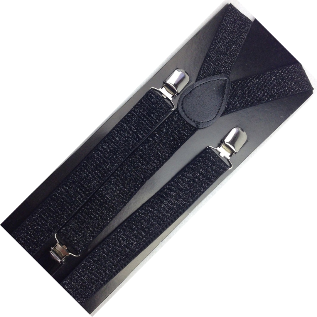 2x Mens Suspenders Braces Adjustable Strong Clip On Elastic Formal Wedding Slim - Black (Glitter) Price