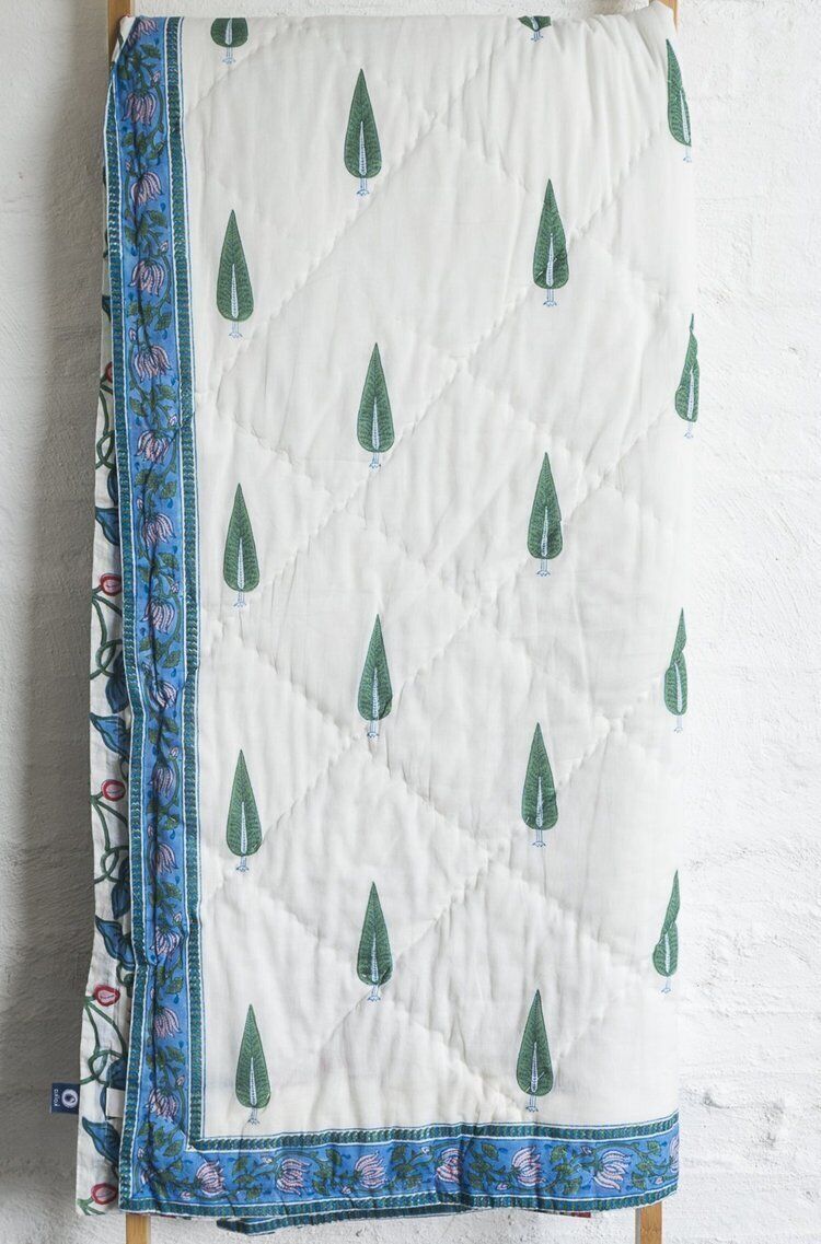 Kolka Kumudani Quilt 100% Cotton Lotus and Pines Print - Queen Size Price
