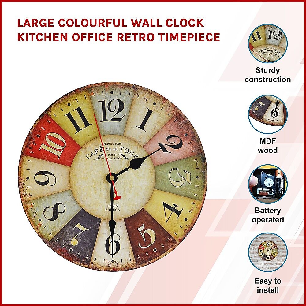 Large Colourful Wall Clock Kitchen Office Retro Timepiece Price