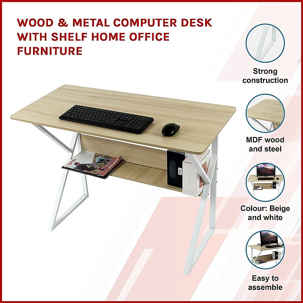 Wood & Metal Computer Desk with Shelf Home Office Furniture Price