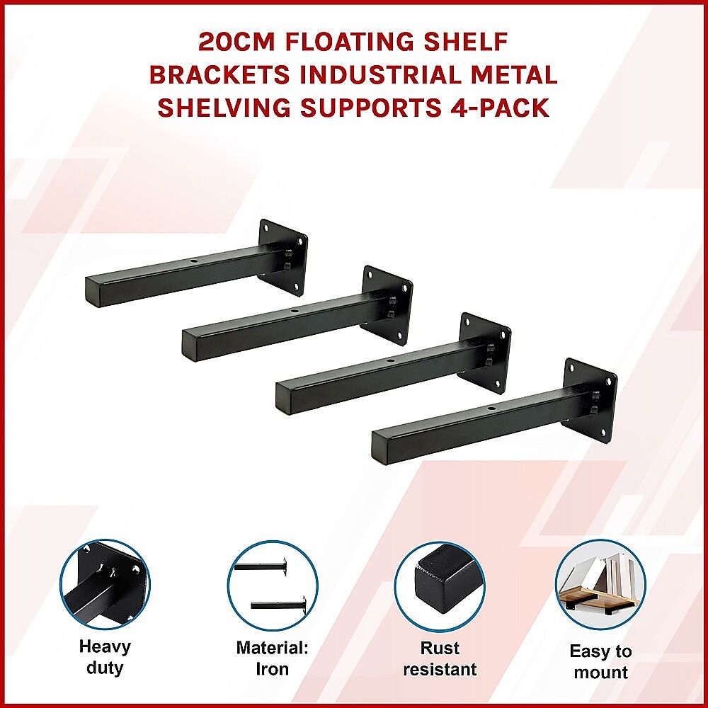 20cm Floating Shelf Brackets Industrial Metal Shelving Supports 4-Pack Price