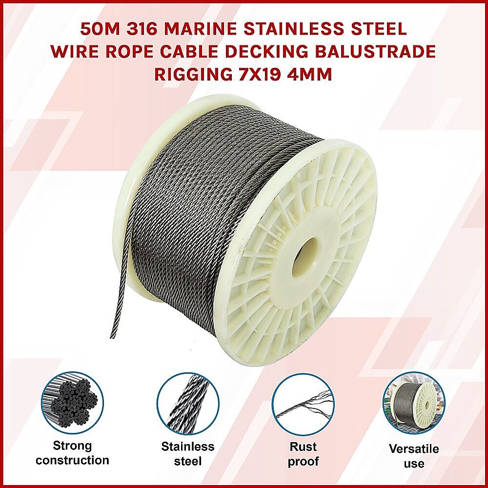 50M 316 Marine Stainless Steel Wire Rope Cable Decking Balustrade Rigging 7x19 4mm Price