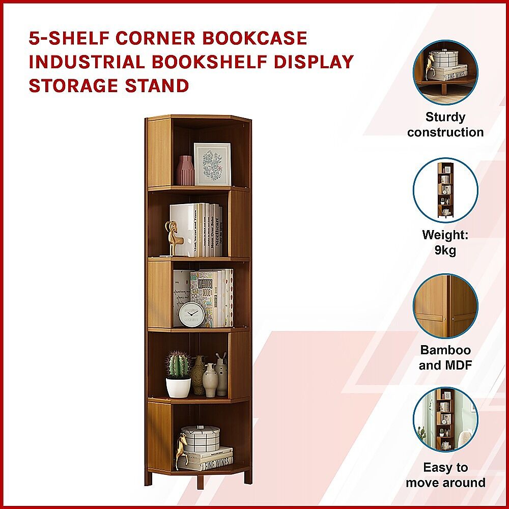 5-Shelf Corner Bookcase Industrial Bookshelf Display Storage Stand Price