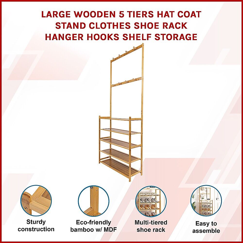 Large Wooden 5 Tiers Hat Coat Stand Clothes Shoe Rack Hanger Hooks Shelf Storage Price