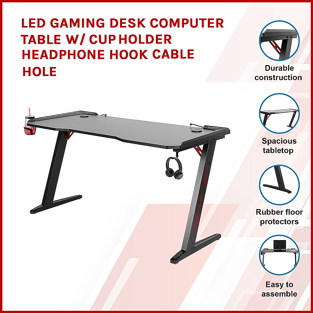 LED Gaming Desk Computer Table with Cup Holder Headphone Hook Cable Hole Price