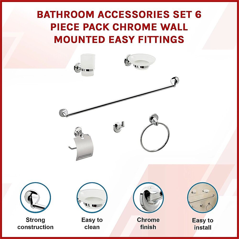 Bathroom Accessories Set 6 Piece Pack Chrome Wall Mounted Easy Fittings Price